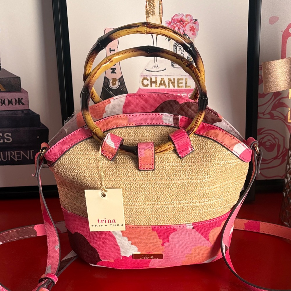 Trina Turk Pink and Tan Mini Bag with Bamboo Handles
